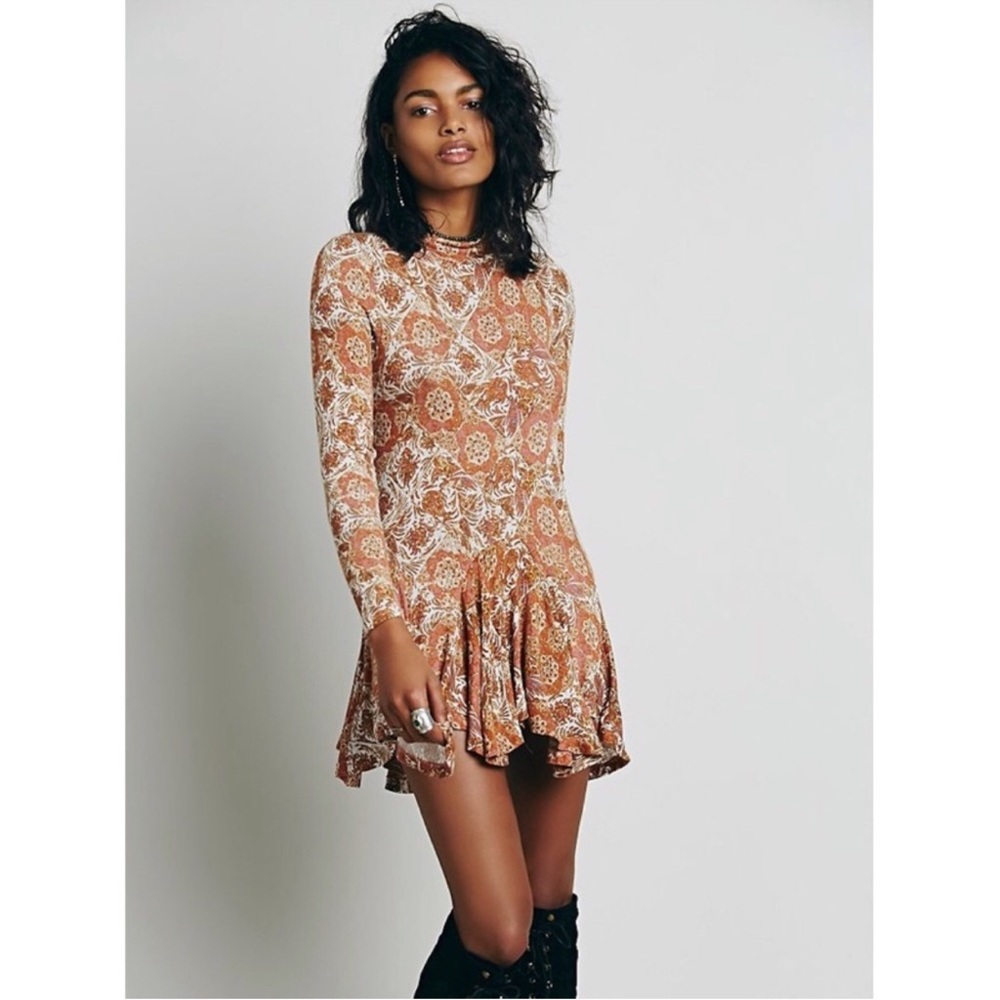 Free People Annabelle Jersey Printed Tunic Dress Large in Orange Combo Fall